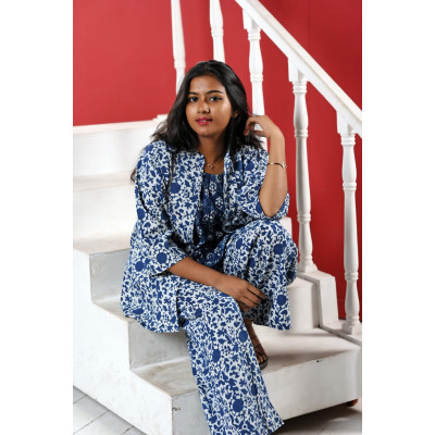 Indigo Three Piece Printed Co-ord Set For Women