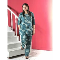 Pure Cotton Printed Co-ord Set For Women in green colour