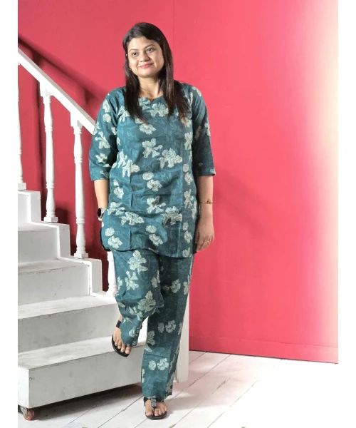 Pure Cotton Printed Co-ord Set For Women in green colour