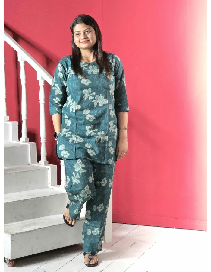 Pure Cotton Printed Co-ord Set For Women in green colour