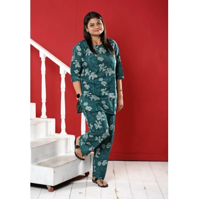 Pure Cotton Printed Co-ord Set For Women in green colour