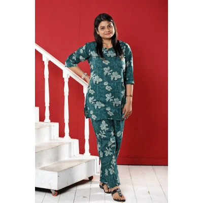 Pure Cotton Printed Co-ord Set For Women in green colour