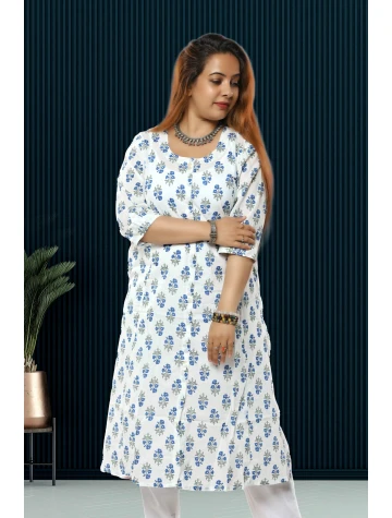 White Printed A-Line Kurti For Women  White Printed A-Line Kurti For Women data-sizes=