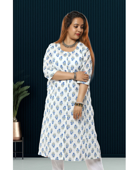 White Printed A-Line Kurti For Women