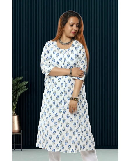 White Printed A-Line Kurti For Women