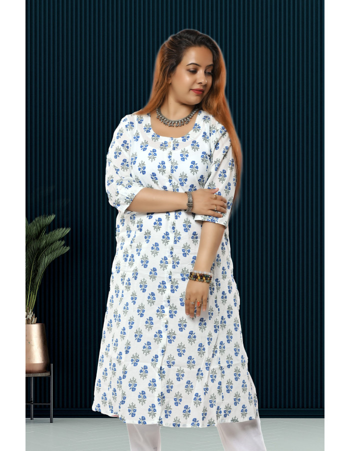A model wearing White Printed A-Line Kurti For Women A model wearing White Printed A-Line Kurti For Women