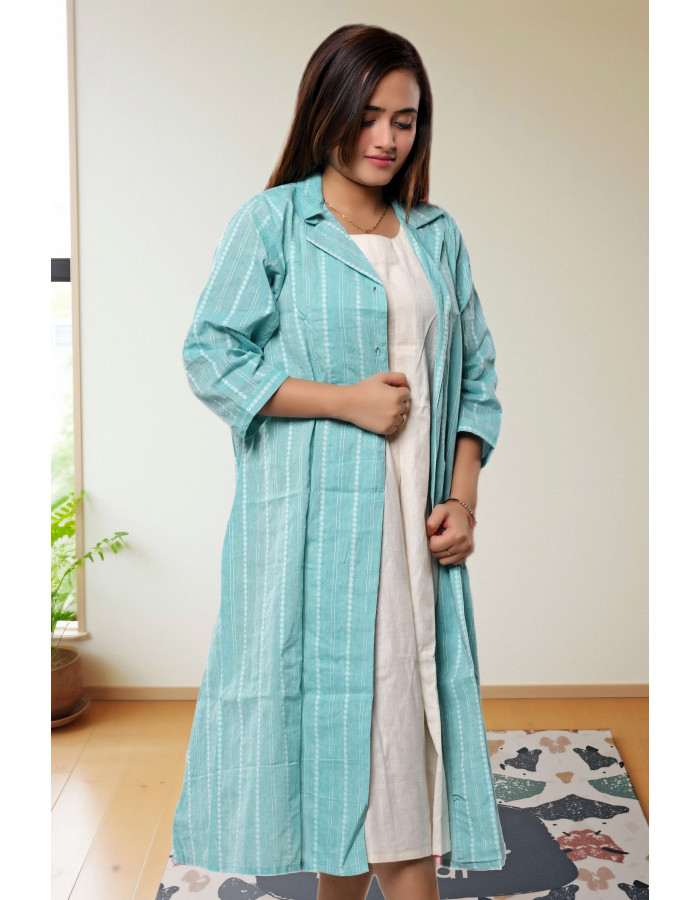 A model wearing Two Piece Pure cotton Dress With Jacket For Women A model wearing Two Piece Pure cotton Dress With Jacket For Women
