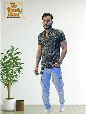 Pure Cotton Black Printed Shirt For Men  Pure Cotton Black Printed Shirt For Men data-sizes=