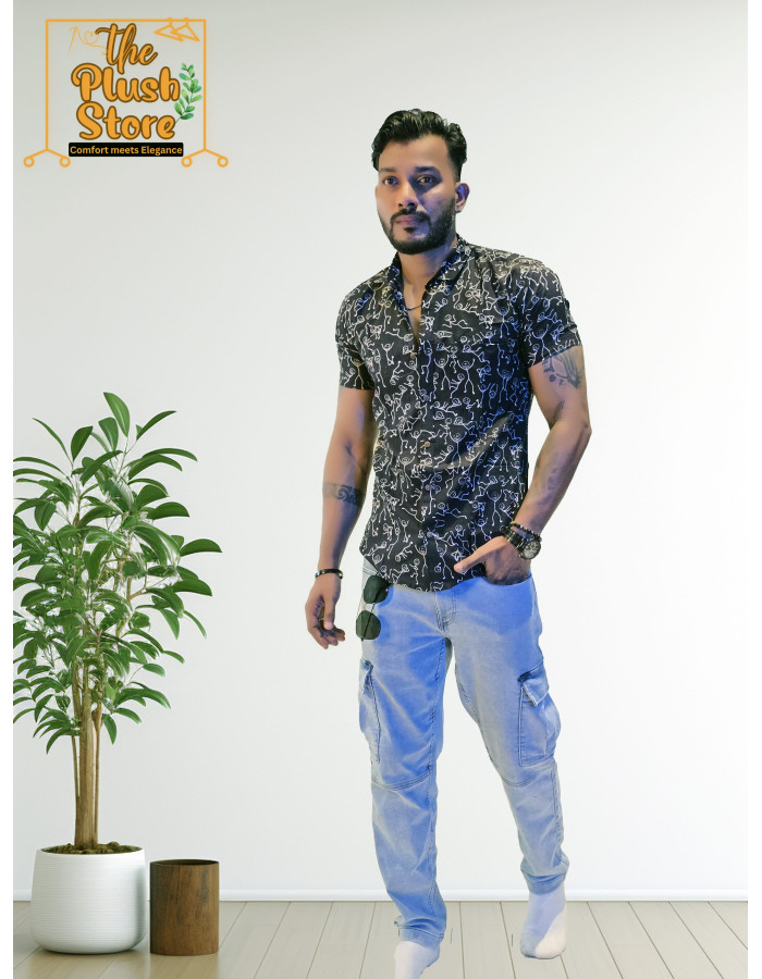 A model wearing Pure Cotton Black Printed Shirt For Men A model wearing Pure Cotton Black Printed Shirt For Men