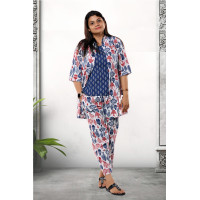 Pure Cotton White Fish Printed Three Piece Set For Women
