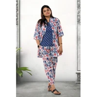 Pure Cotton White Fish Printed Three Piece Set For Women