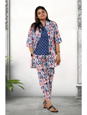 Pure Cotton White Fish Printed Three Piece Set For Women  Pure Cotton White Fish Printed Three Piece Set For Women data-sizes=