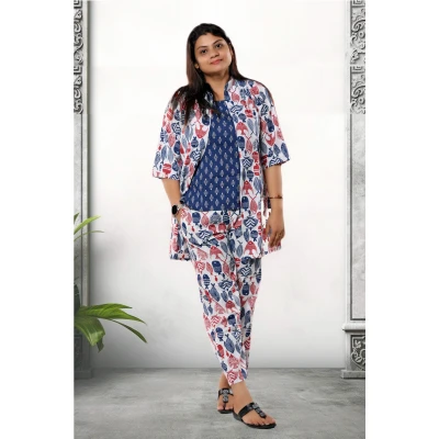 Pure Cotton White Fish Printed Three Piece Set For Women