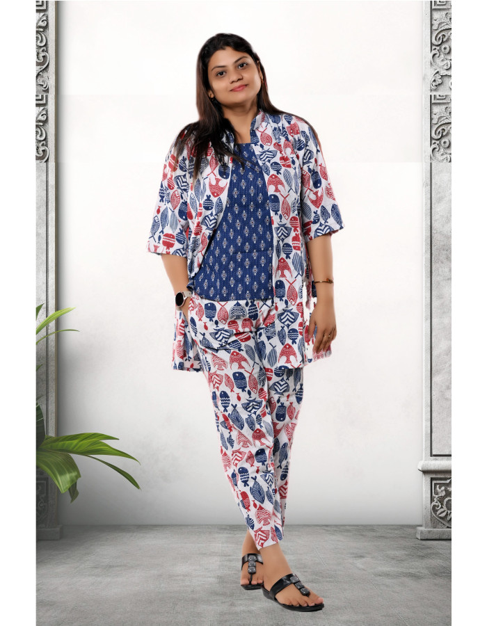 A model wearing Pure Cotton White Fish Printed Three Piece Set For Women A model wearing Pure Cotton White Fish Printed Three Piece Set For Women