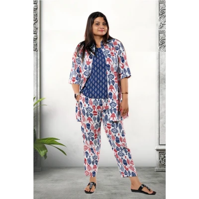Pure Cotton White Fish Printed Three Piece Set For Women