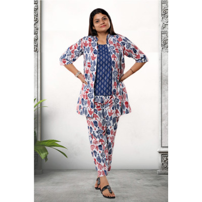 Pure Cotton White Fish Printed Three Piece Set For Women