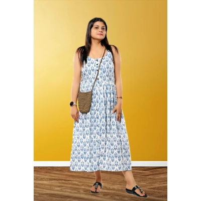 White Pure Cotton Sleeveless Dress For Women