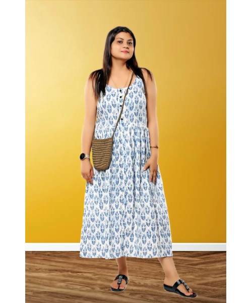 White Pure Cotton Sleeveless Dress For Women