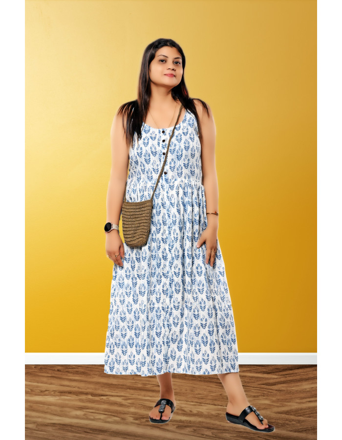 A model wearing White Pure Cotton Sleeveless Dress For Women A model wearing White Pure Cotton Sleeveless Dress For Women