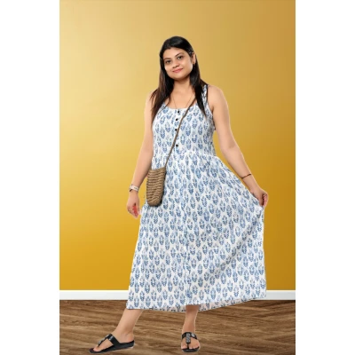 White Pure Cotton Sleeveless Dress For Women