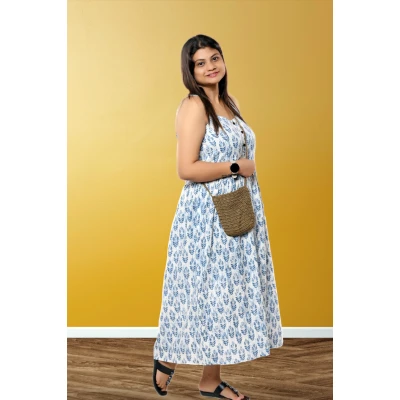 White Pure Cotton Sleeveless Dress For Women