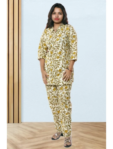 Pure Cotton Olive Printed Co-ord Set For Women  Pure Cotton Olive Printed Co-ord Set For Women data-sizes=