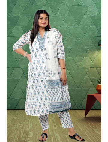 White Printed Pure Cotton Three Piece Set For Women  White Printed Pure Cotton Three Piece Set For Women data-sizes=