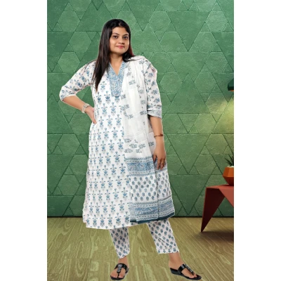 White Printed Pure Cotton Three Piece Set For Women