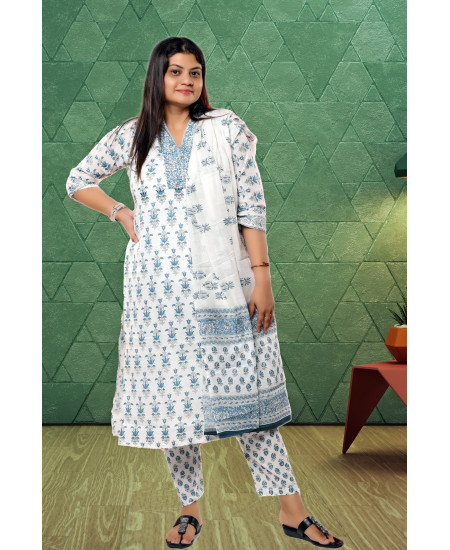 White Printed Pure Cotton Three Piece Set For Women