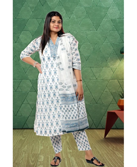 White Printed Pure Cotton Three Piece Set For Women