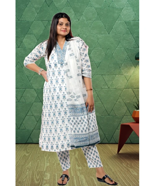 White Printed Pure Cotton Three Piece Set For Women