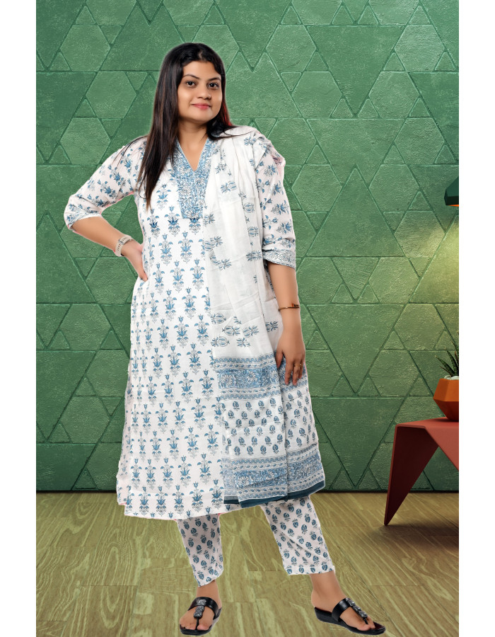 A model wearing White Printed Pure Cotton Three Piece Set For Women A model wearing White Printed Pure Cotton Three Piece Set For Women