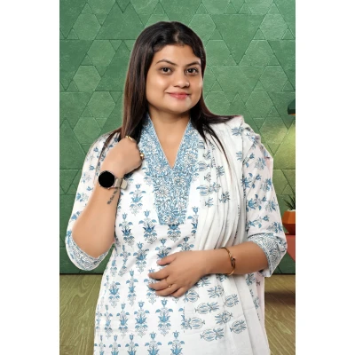 White Printed Pure Cotton Three Piece Set For Women