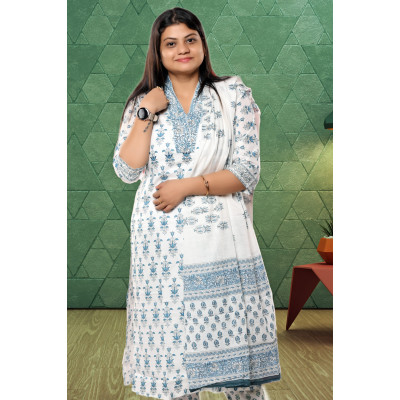 White Printed Pure Cotton Three Piece Set For Women