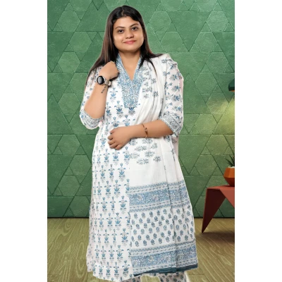 White Printed Pure Cotton Three Piece Set For Women