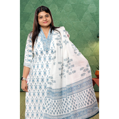 White Printed Pure Cotton Three Piece Set For Women