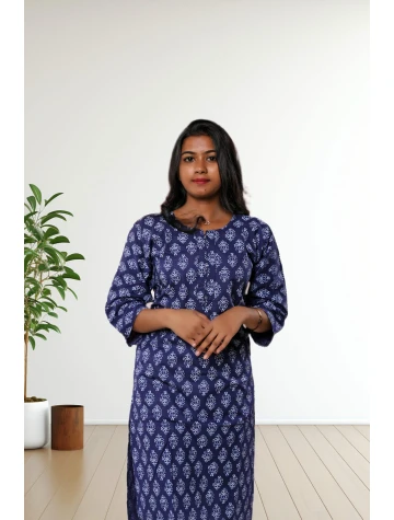 Pure Cotton Blue Printed Kurti For Women  Pure Cotton Blue Printed Kurti For Women data-sizes=
