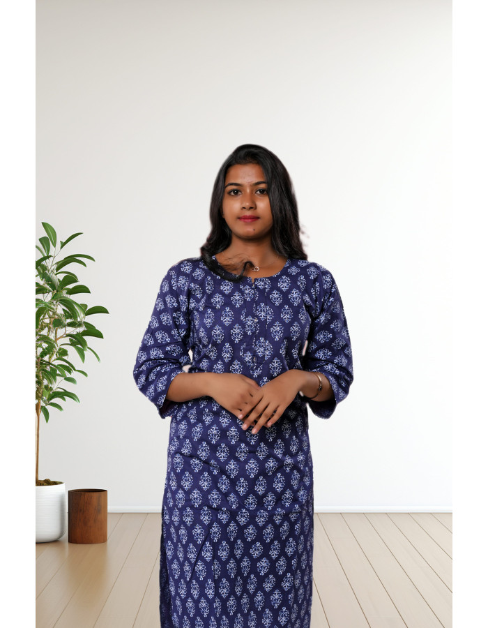 A model wearing Pure Cotton Blue Printed Kurti For Women A model wearing Pure Cotton Blue Printed Kurti For Women