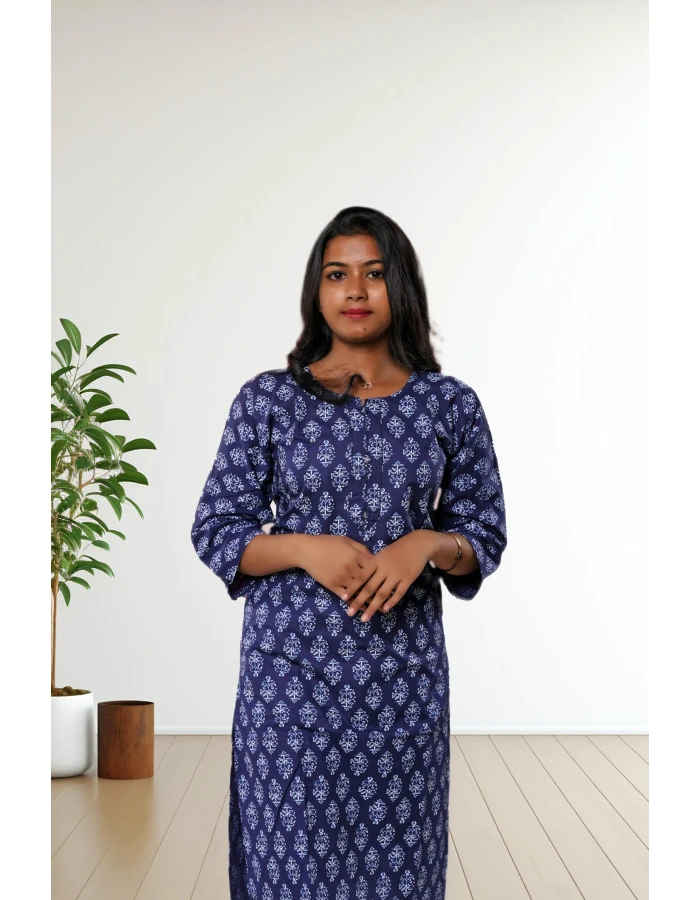A model wearing Pure Cotton Blue Printed Kurti For Women A model wearing Pure Cotton Blue Printed Kurti For Women