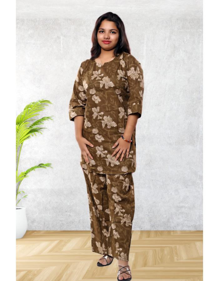 A model wearing Olive Green Pure Cotton Co-Ord Set For Women A model wearing Olive Green Pure Cotton Co-Ord Set For Women