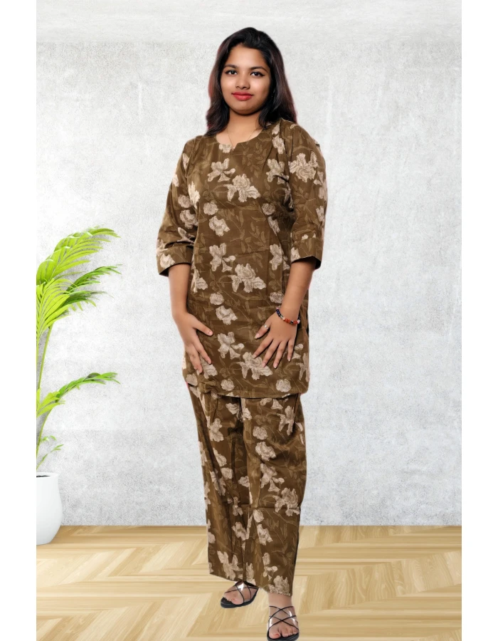Olive Green Pure Cotton Co-Ord Set For Women