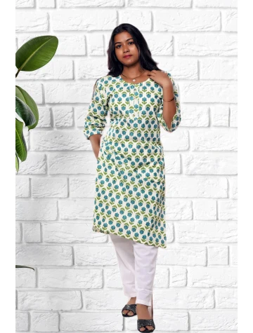 Pure Cotton White Printed Kurti For Women  Pure Cotton White Printed Kurti For Women data-sizes=