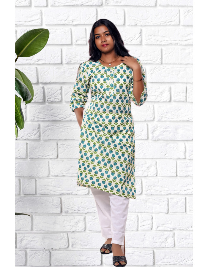 A model wearing Pure Cotton White Printed Kurti For Women A model wearing Pure Cotton White Printed Kurti For Women