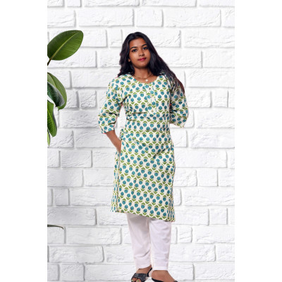 Pure Cotton White Printed Kurti For Women