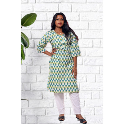Pure Cotton White Printed Kurti For Women