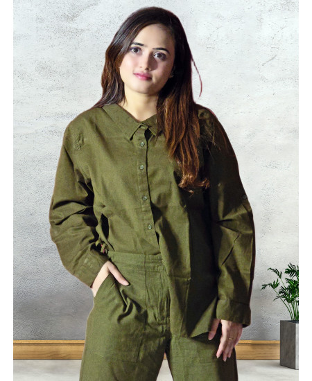 Olive Green Cotton-Linen Co-Ord Set For Women