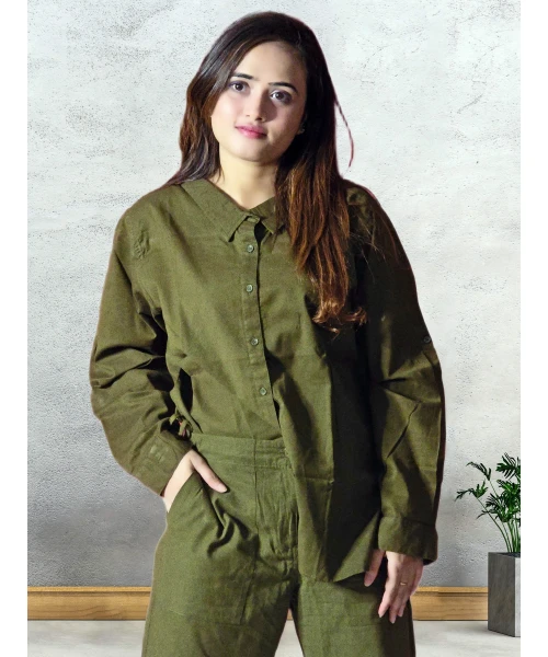 Olive Green Cotton-Linen Co-Ord Set For Women