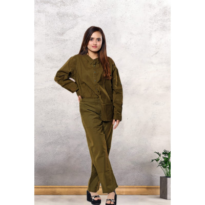 Olive Green Cotton-Linen Co-Ord Set For Women