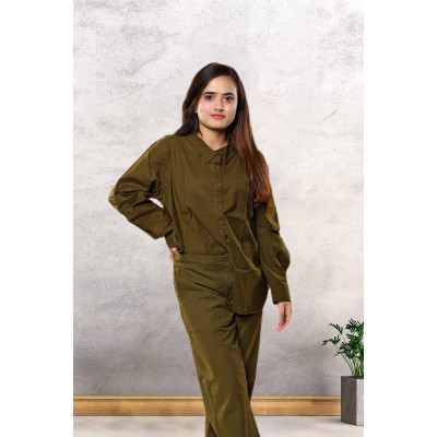 Olive Green Cotton-Linen Co-Ord Set For Women