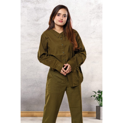 Olive Green Cotton-Linen Co-Ord Set For Women